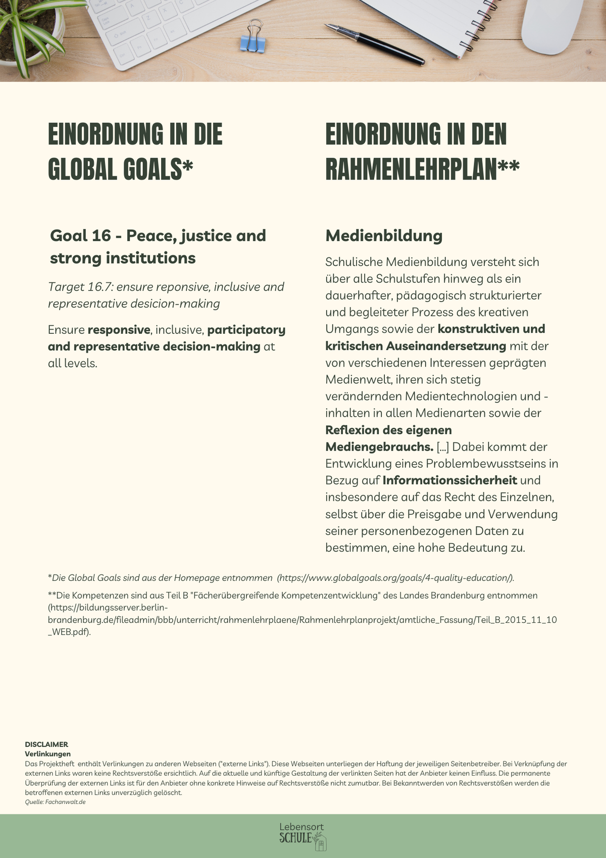 Projektheft "Digital Citizenship": Einordnung in den Rahmenlehrplan