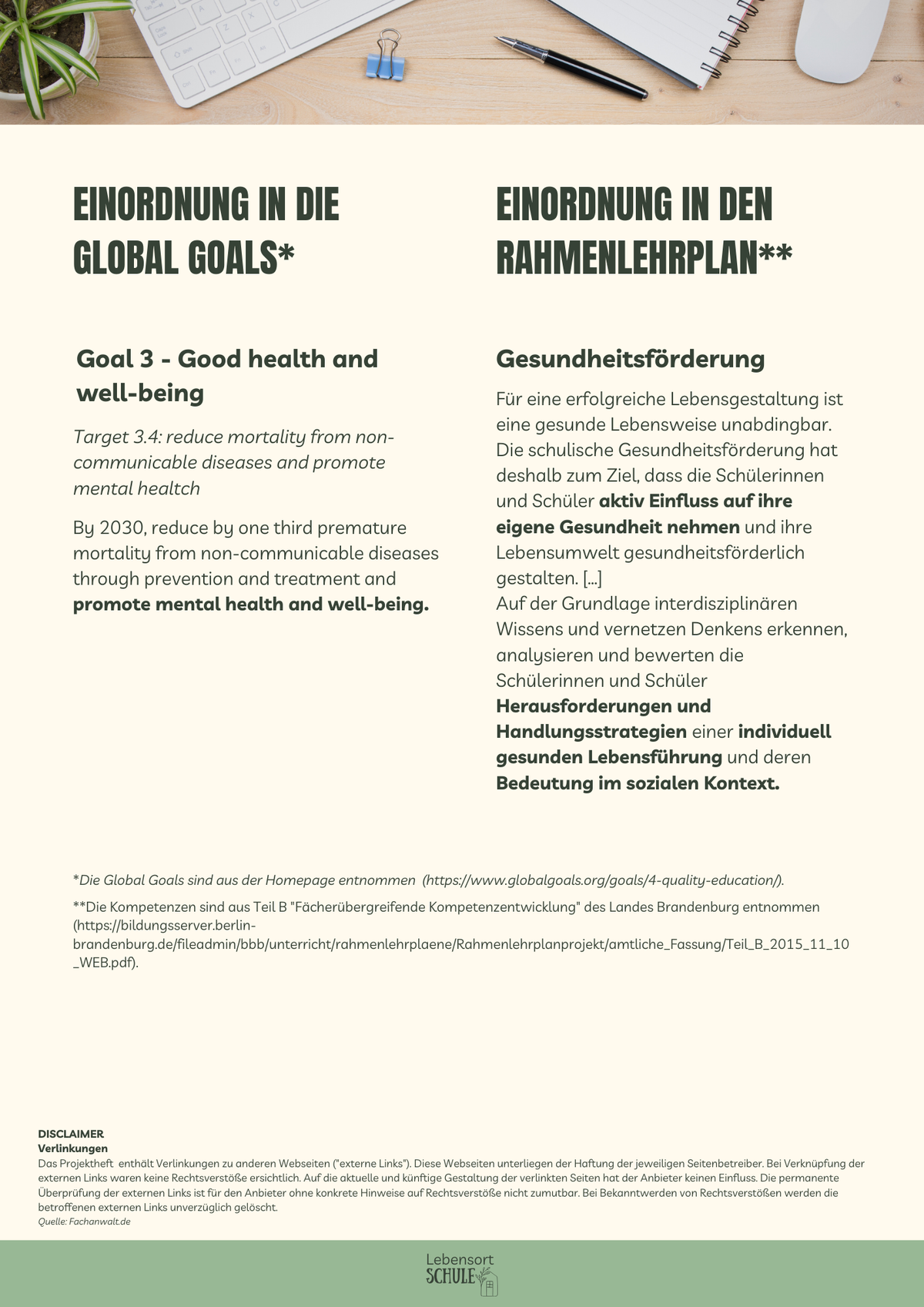 Projektheft "Umgang mit globalen Krisen": Einordnung in den Rahmenlehrplan