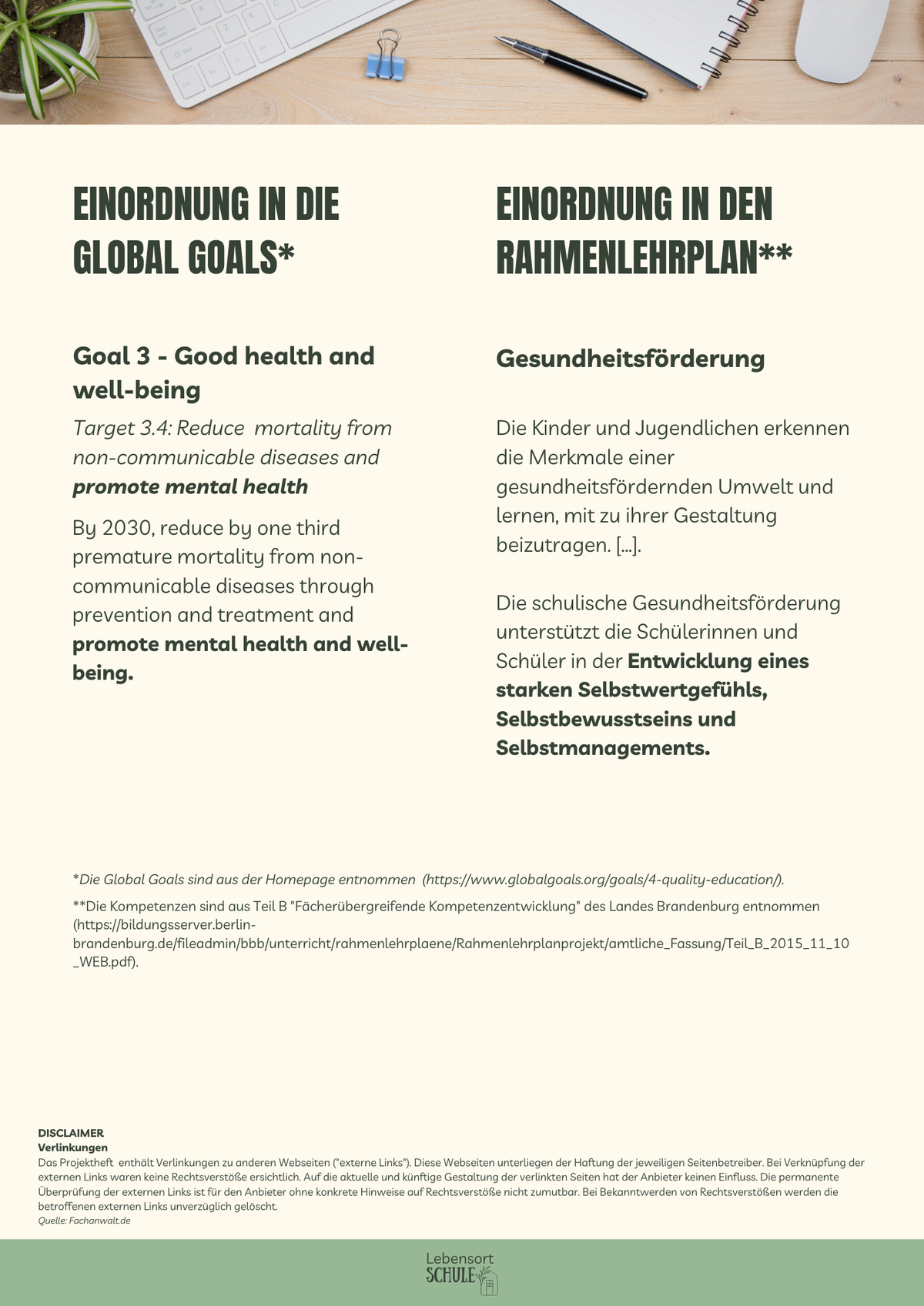 Projektheft "Die Macht des Mindsets": Einordnung in den Rahmenlehrplan