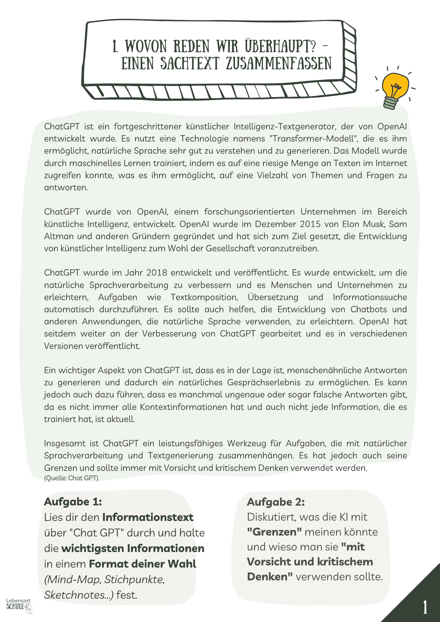 Projektheft "KI in der Schule - nie wieder lernen?": Was ist KI? Einen Sachtext zusammenfassen