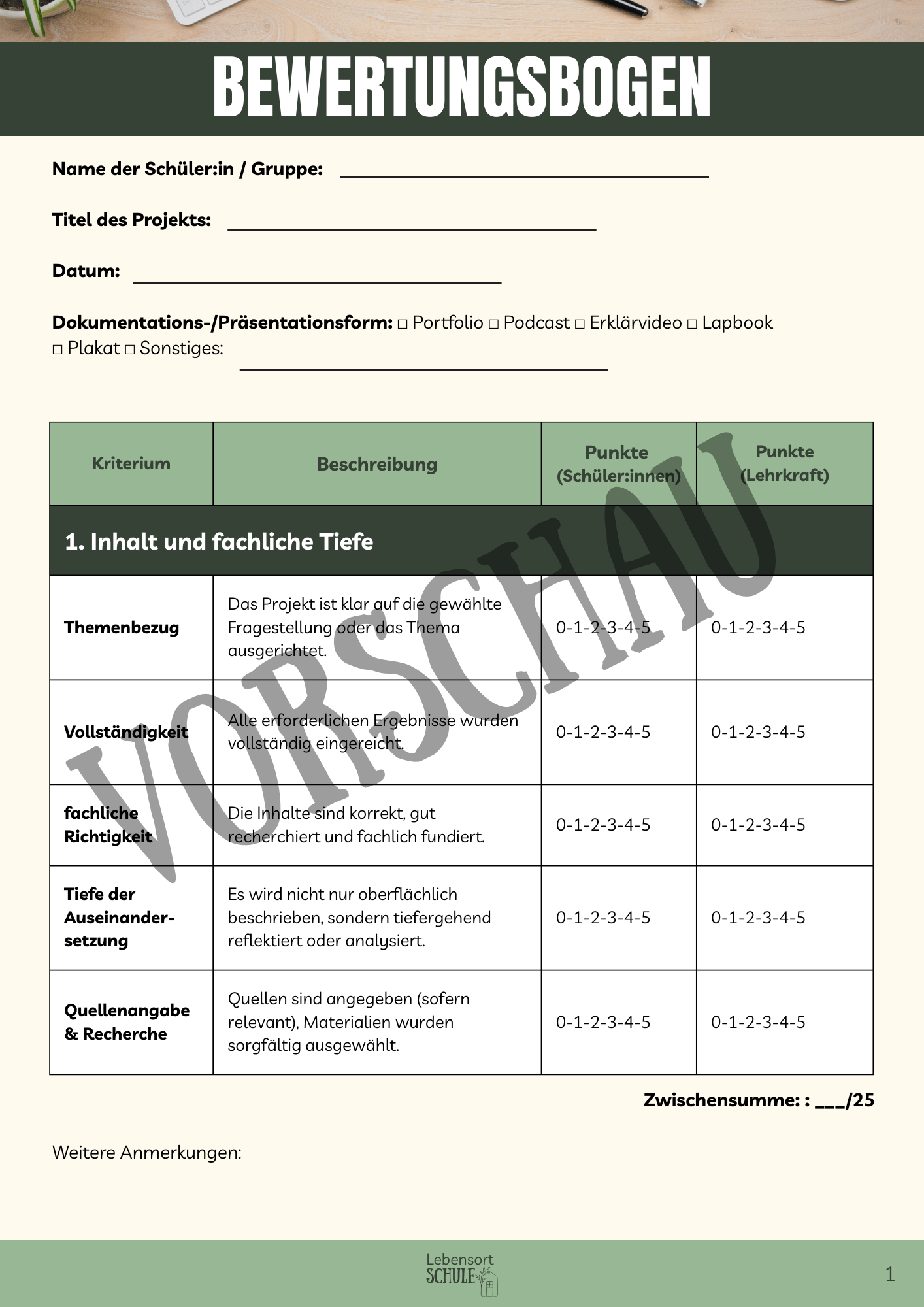 Praxisheft Projektarbeit: Bewertungsbogen