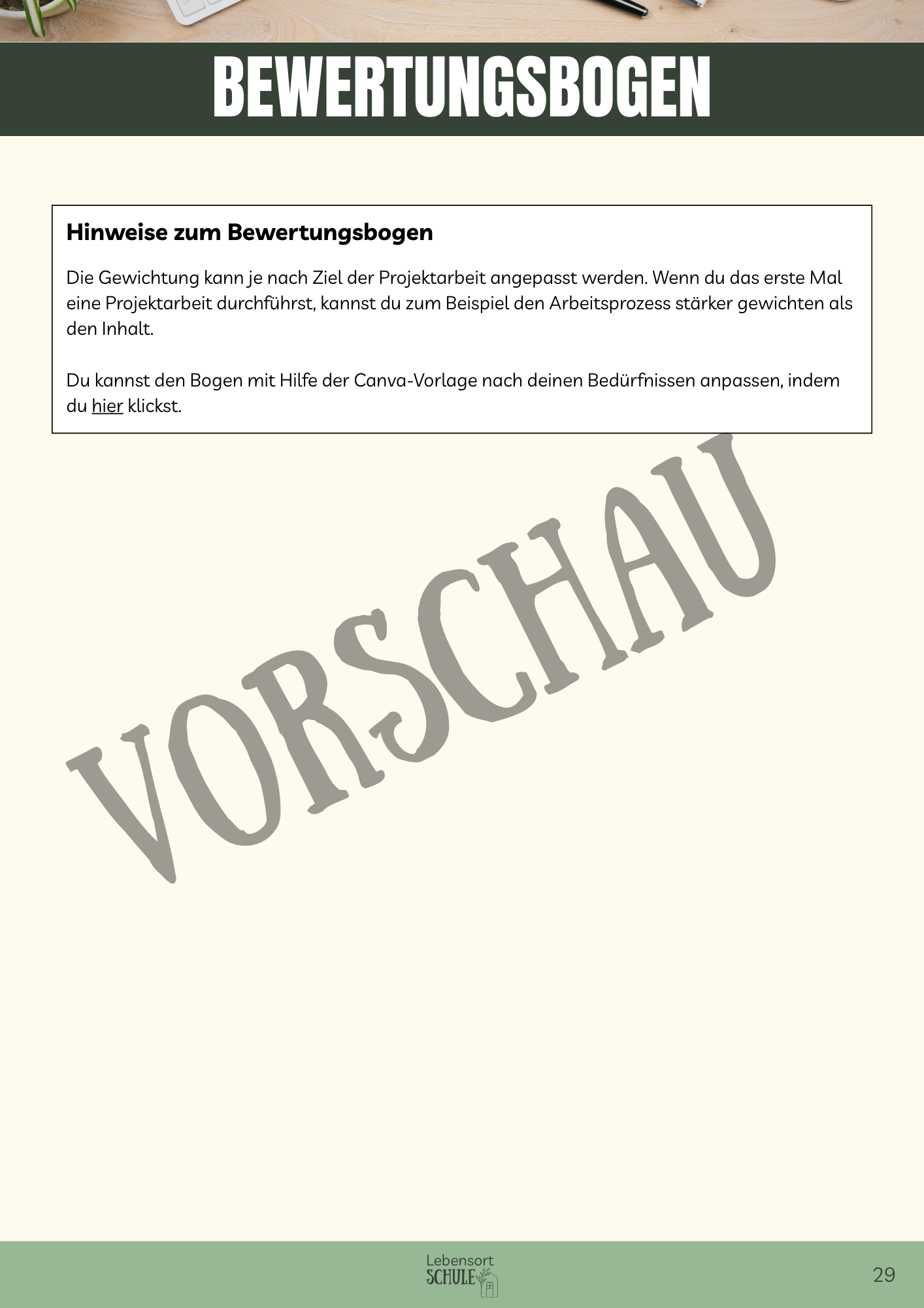 Praxisheft Projektarbeit: Bewertungsbogen Hinweise