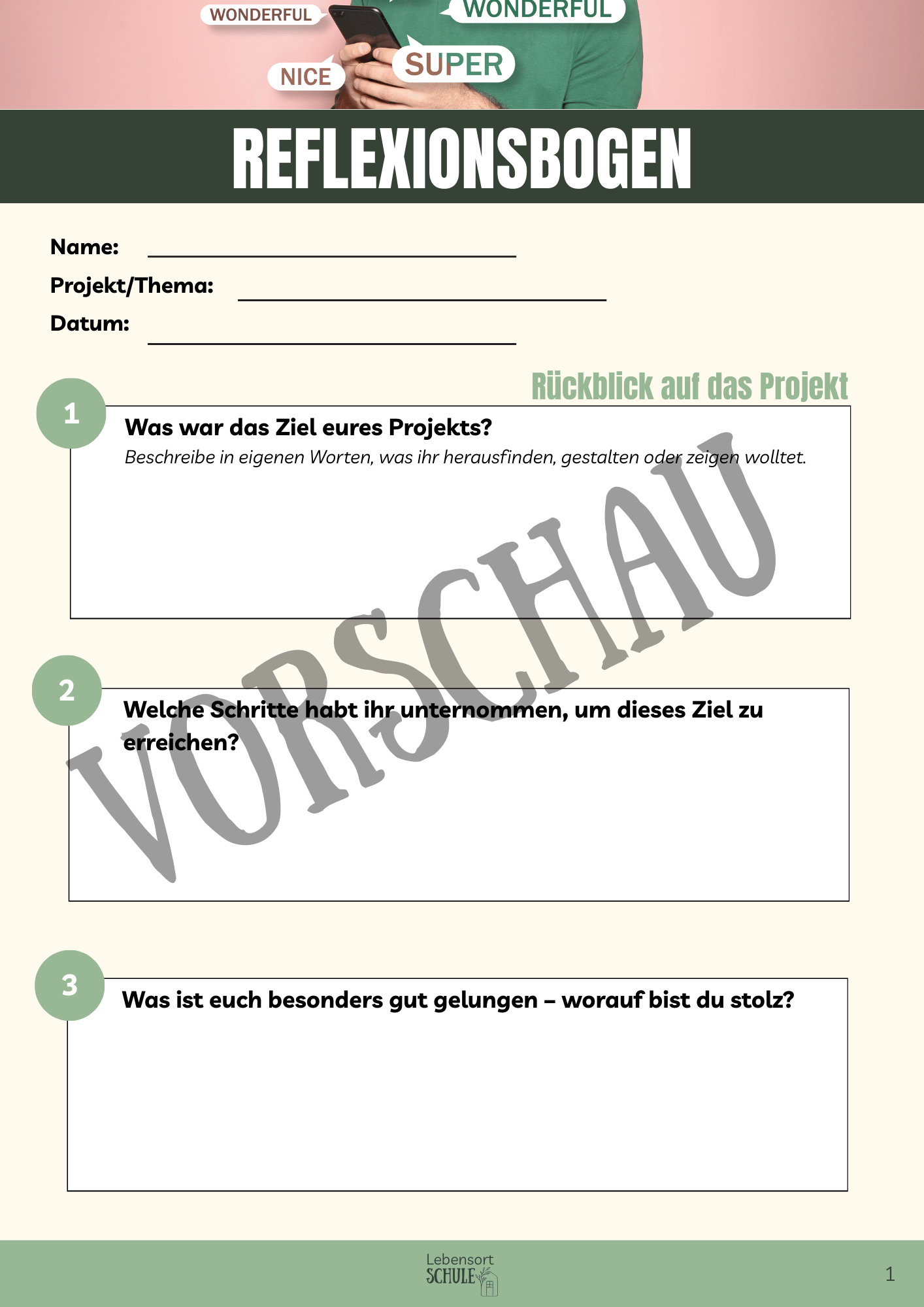 Praxisheft Projektarbeit: Reflexionsbogen