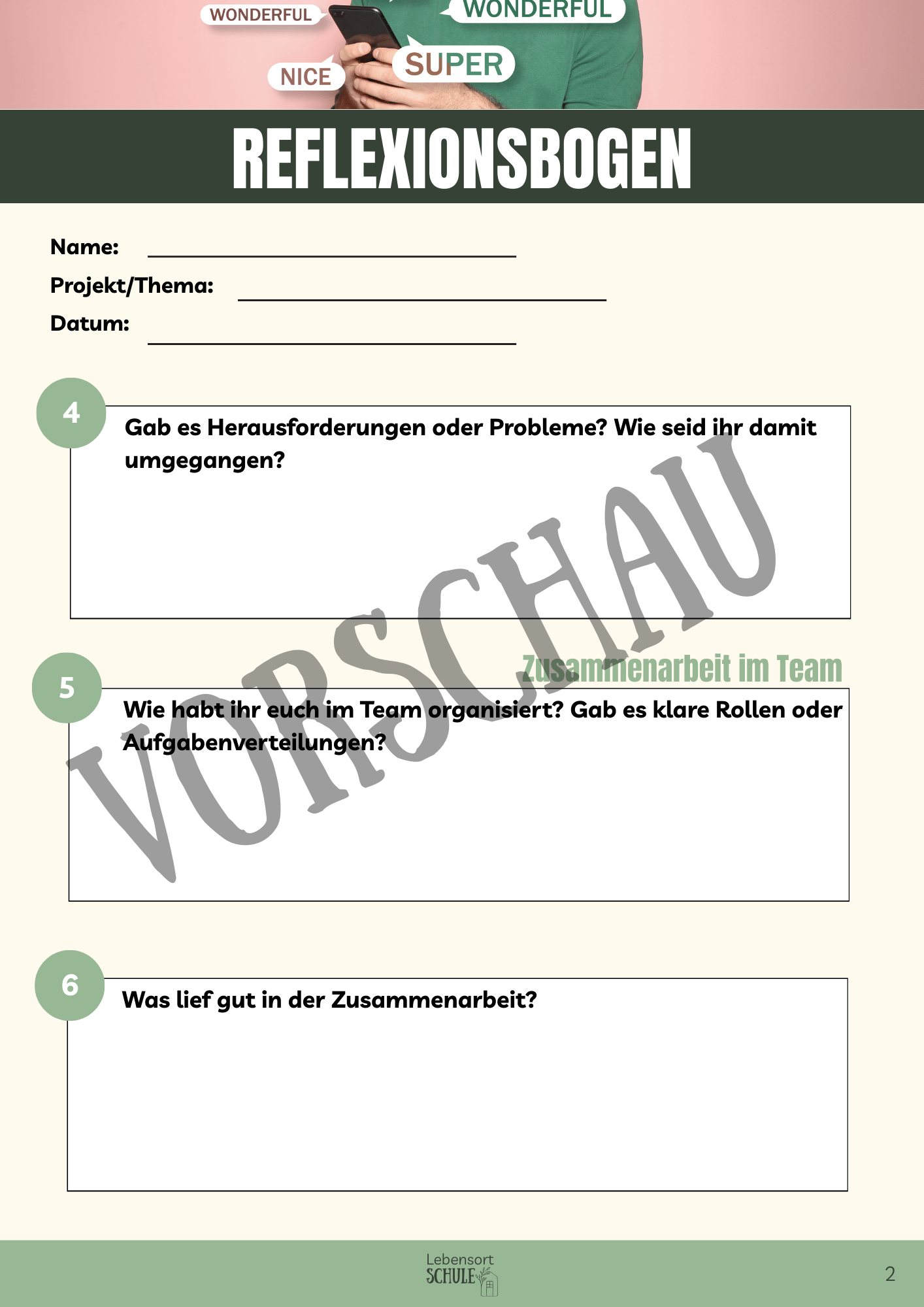 Praxisheft Projektarbeit: Reflexionsbogen
