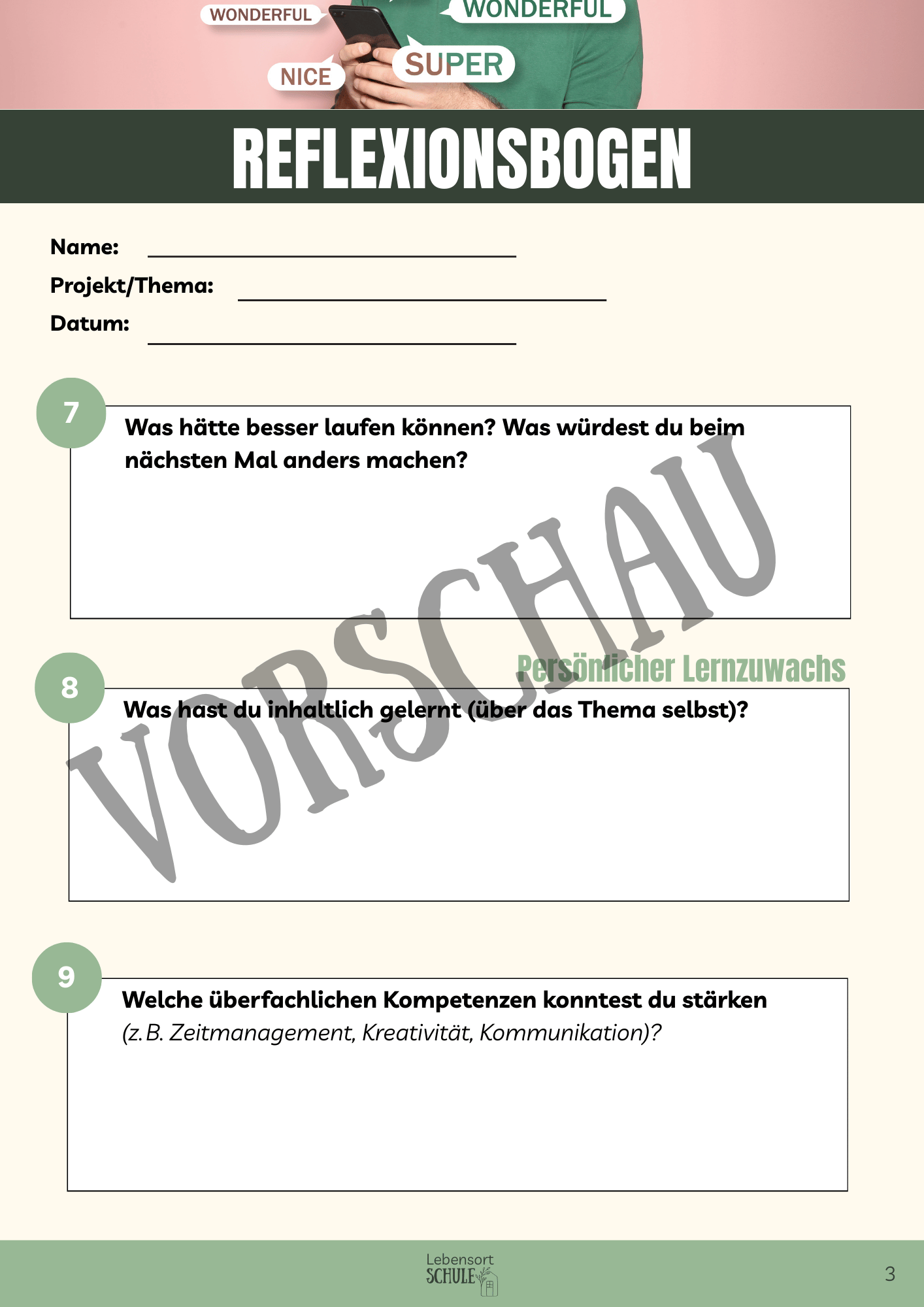 Praxisheft Projektarbeit: Reflexionsbogen