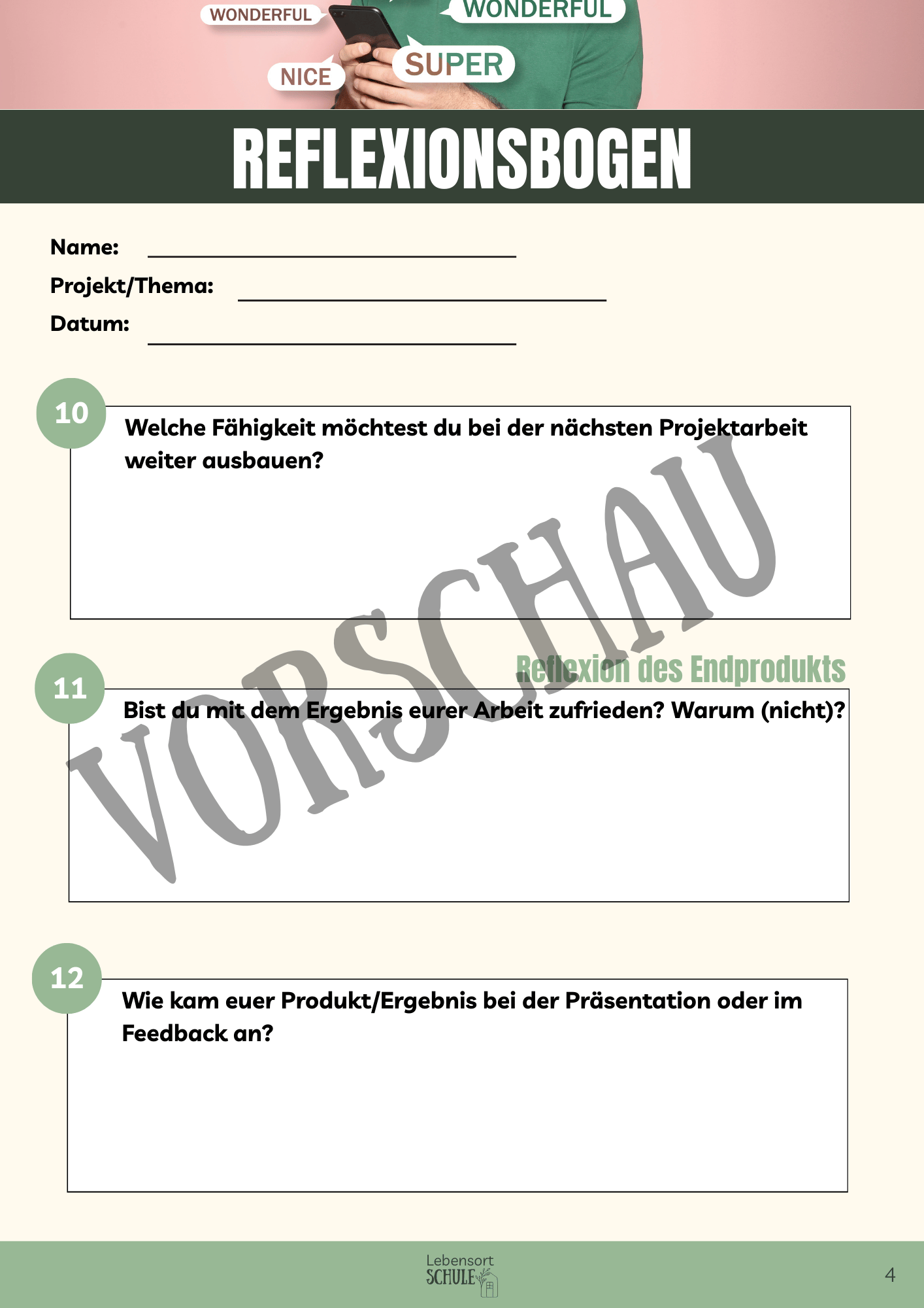 Praxisheft Projektarbeit: Reflexionsbogen
