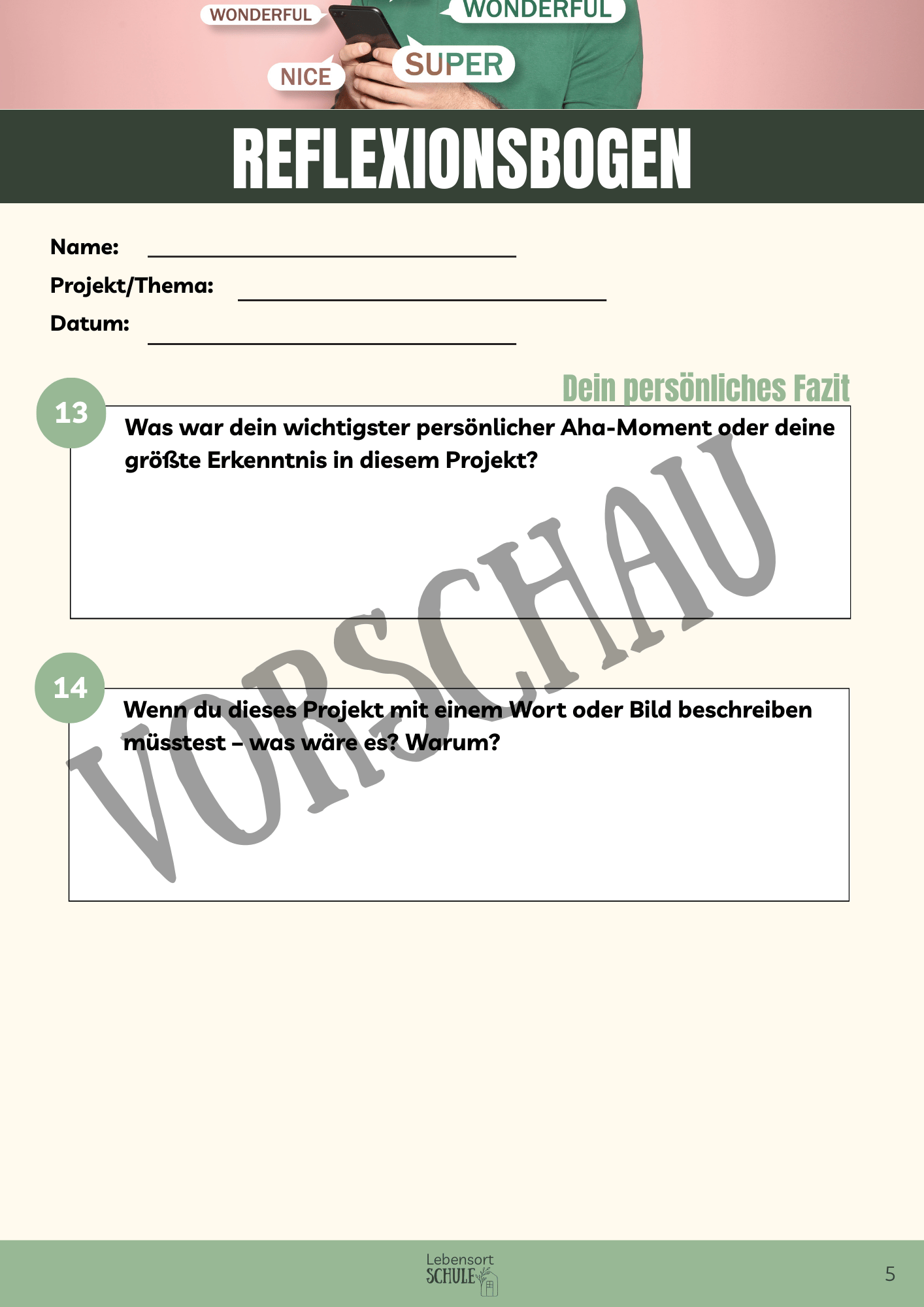 Praxisheft Projektarbeit: Reflexionsbogen