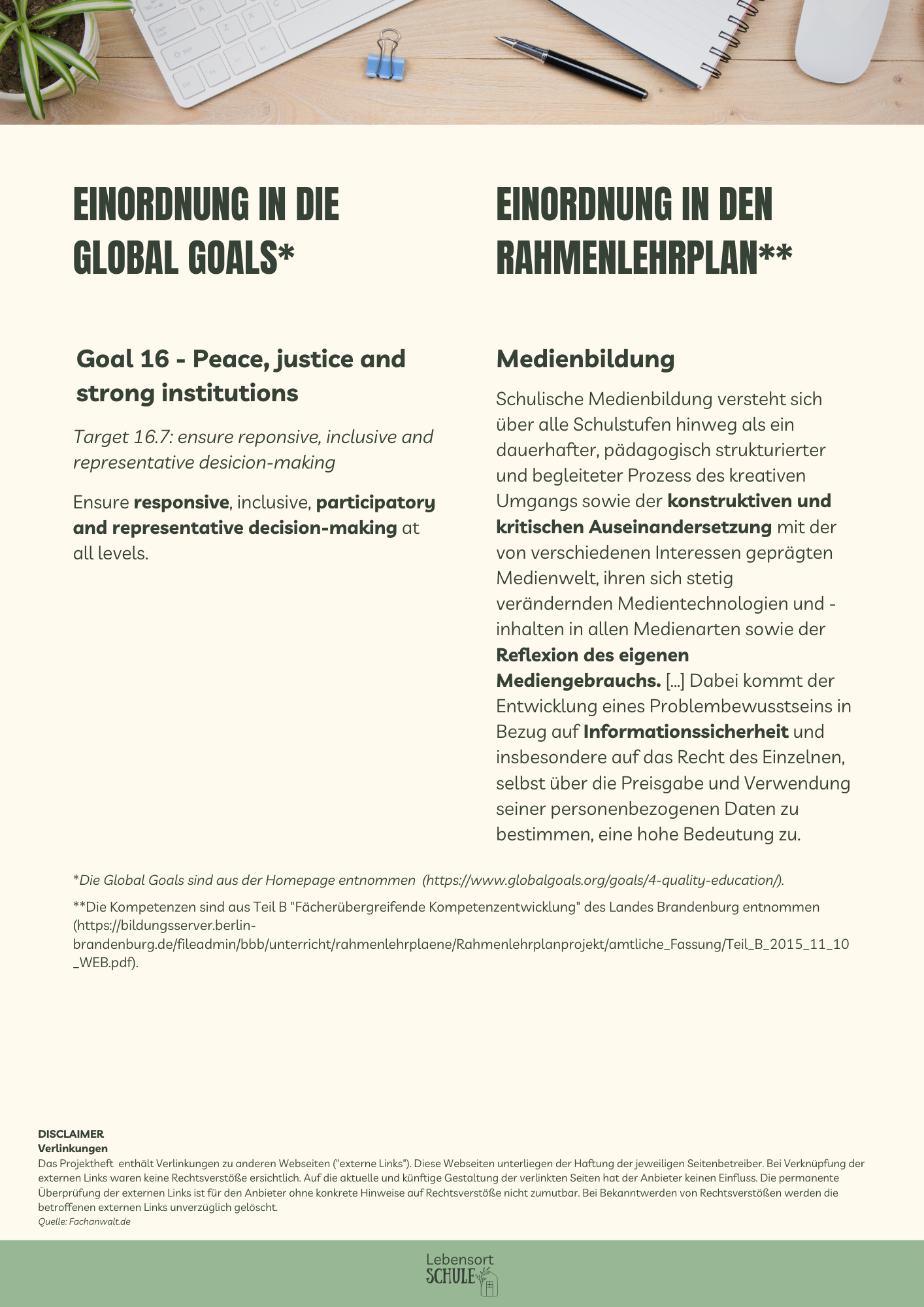 Projektheft "Digital Citizenship": Einordnung in den Rahmenlehrplan