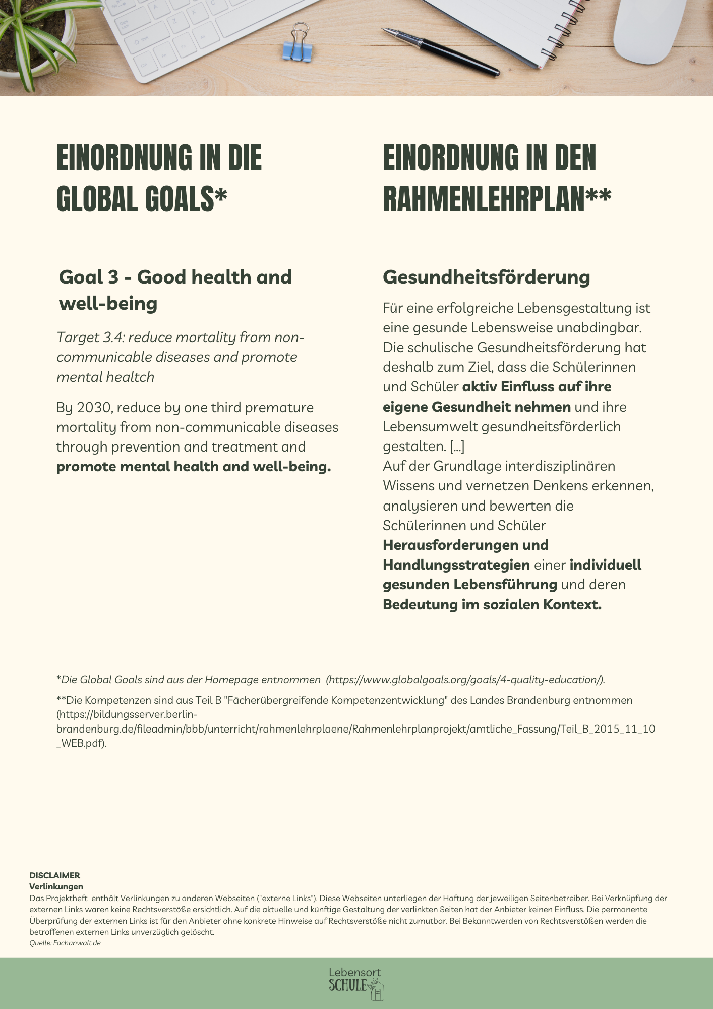 Projektheft "Umgang mit globalen Krisen": Einordnung in den Rahmenlehrplan