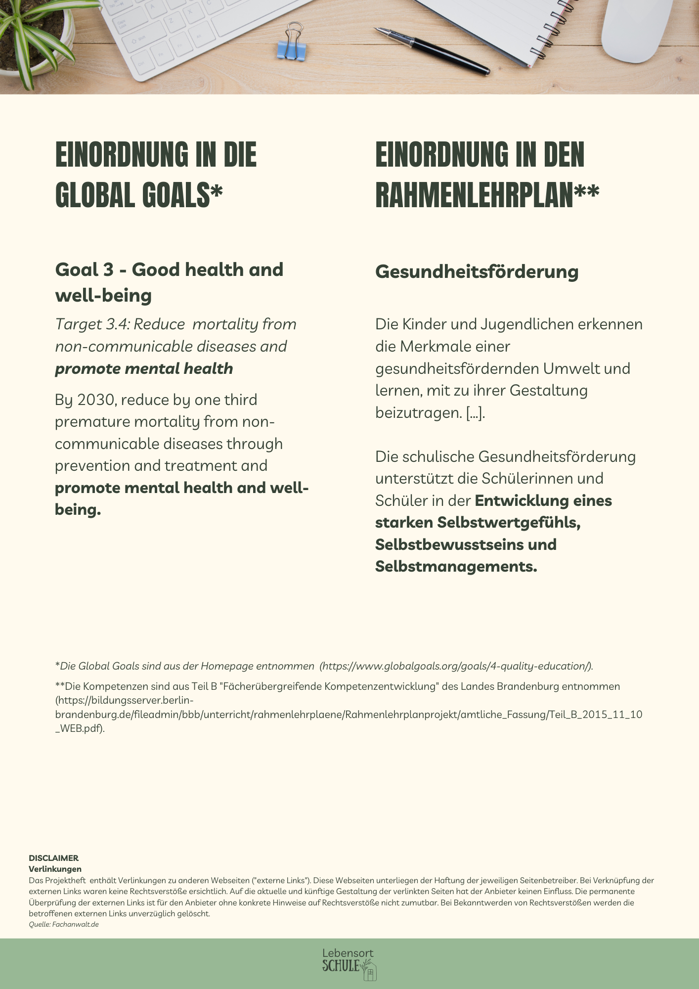 Projektheft "Die Macht des Mindsets": Einordnung in den Rahmenlehrplan